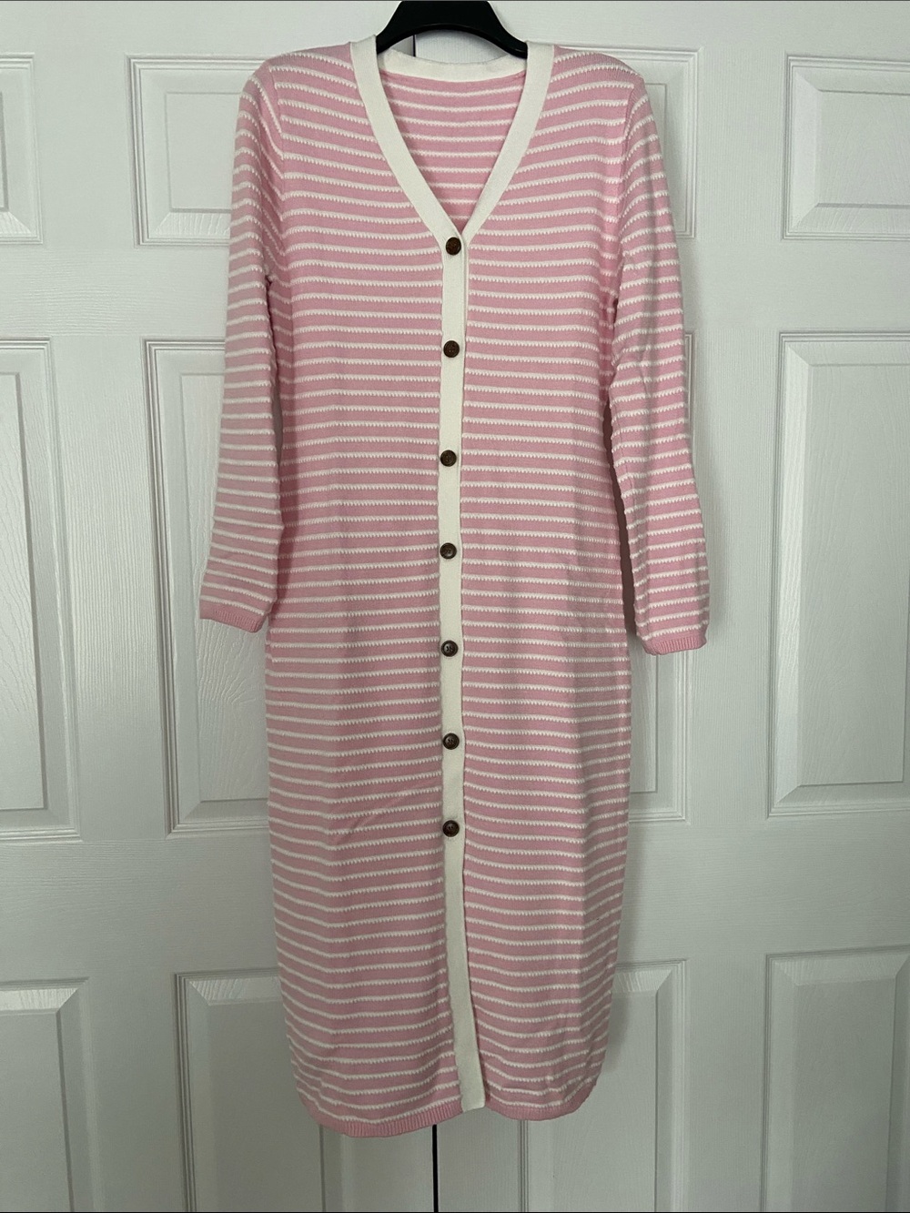 Pink & White Striped Women’s Button-Front Sweater Dress